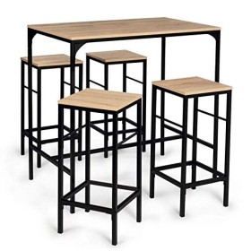 IDMarket - Ensemble Table Haute de Bar Detroit 100 cm et 4 tabourets Bois et métal Noir Design Industriel