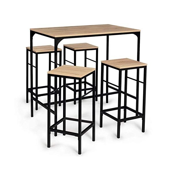 IDMarket - Ensemble Table Haute de Bar Detroit 100 cm et 4 tabourets Bois et métal Noir Design Industriel
