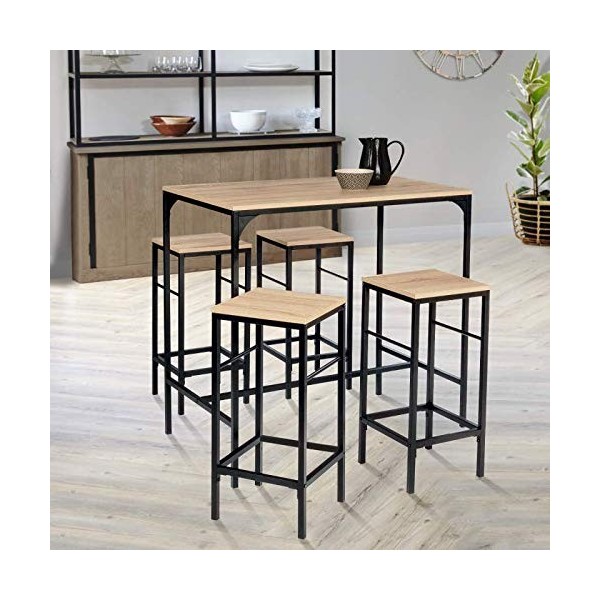 IDMarket - Ensemble Table Haute de Bar Detroit 100 cm et 4 tabourets Bois et métal Noir Design Industriel