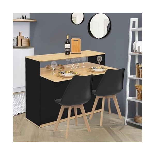 IDMarket - Meuble de Bar Extensible en Table à Manger 2 Personnes VITO Noir et Plateau Bois