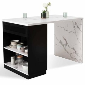IDMarket - Ilot Central Mange-Debout 4 Personnes VITO 130 cm Noir et Plateau Effet marbre Alaska