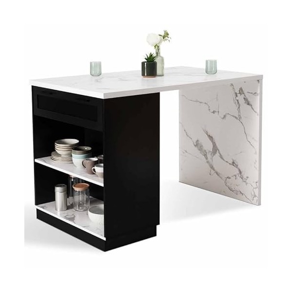 IDMarket - Ilot Central Mange-Debout 4 Personnes VITO 130 cm Noir et Plateau Effet marbre Alaska