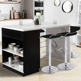 IDMarket - Ilot Central Mange-Debout 4 Personnes VITO 130 cm Noir et Plateau Effet marbre Alaska