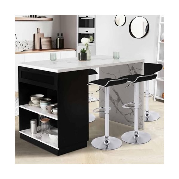 IDMarket - Ilot Central Mange-Debout 4 Personnes VITO 130 cm Noir et Plateau Effet marbre Alaska