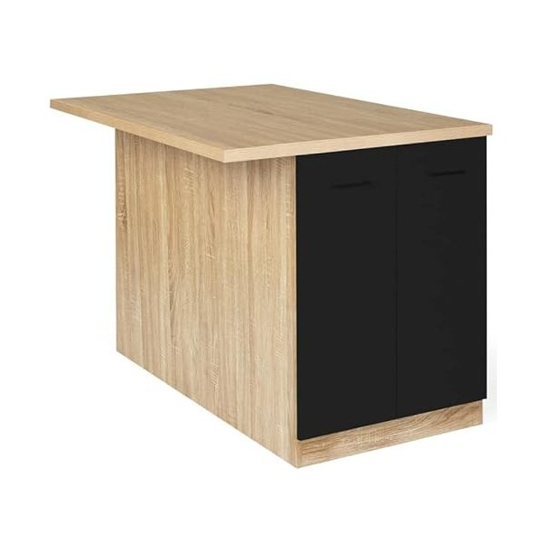 IDMarket - Ilot Central IVO 120 cm Bois façon hêtre Portes Noires avec Plan de Travail