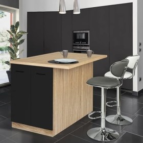 IDMarket - Ilot Central IVO 120 cm Bois façon hêtre Portes Noires avec Plan de Travail