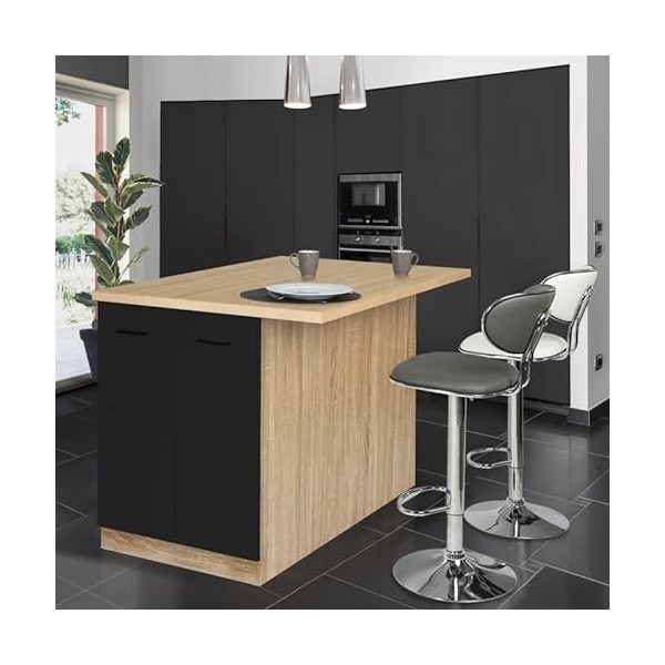 IDMarket - Ilot Central IVO 120 cm Bois façon hêtre Portes Noires avec Plan de Travail