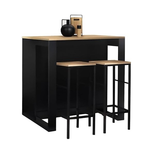 IDMarket - Ensemble Table de Bar îlot Juno Bois Noir avec Plateau façon hêtre et 2 tabourets de Bar Detroit