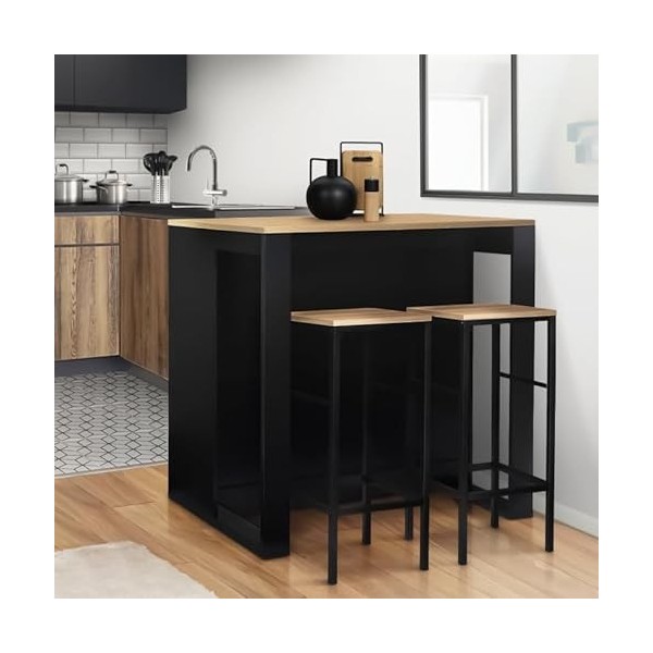 IDMarket - Ensemble Table de Bar îlot Juno Bois Noir avec Plateau façon hêtre et 2 tabourets de Bar Detroit