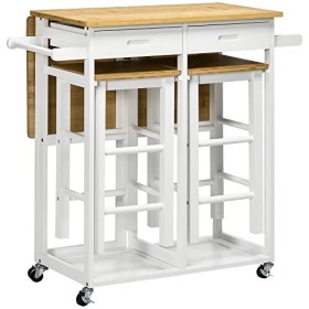 HOMCOM Ensemble Table de Bar Chariot de Cuisine Table de Cuisine Pliante roulettes + 2 tabourets Blanc et Bois Clair - 2 tiro