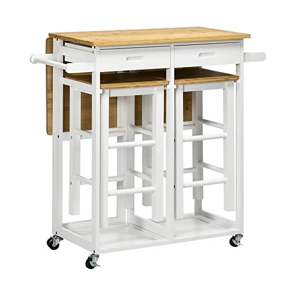 HOMCOM Ensemble Table de Bar Chariot de Cuisine Table de Cuisine Pliante roulettes + 2 tabourets Blanc et Bois Clair - 2 tiro