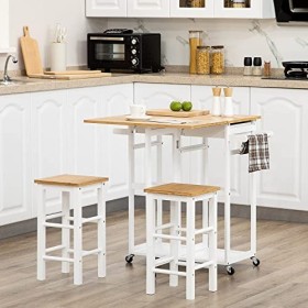 HOMCOM Ensemble Table de Bar Chariot de Cuisine Table de Cuisine Pliante roulettes + 2 tabourets Blanc et Bois Clair - 2 tiro