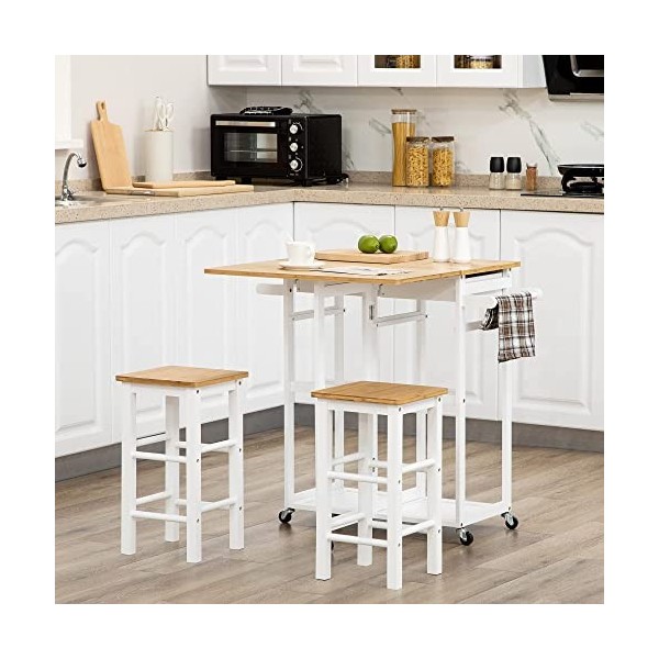 HOMCOM Ensemble Table de Bar Chariot de Cuisine Table de Cuisine Pliante roulettes + 2 tabourets Blanc et Bois Clair - 2 tiro