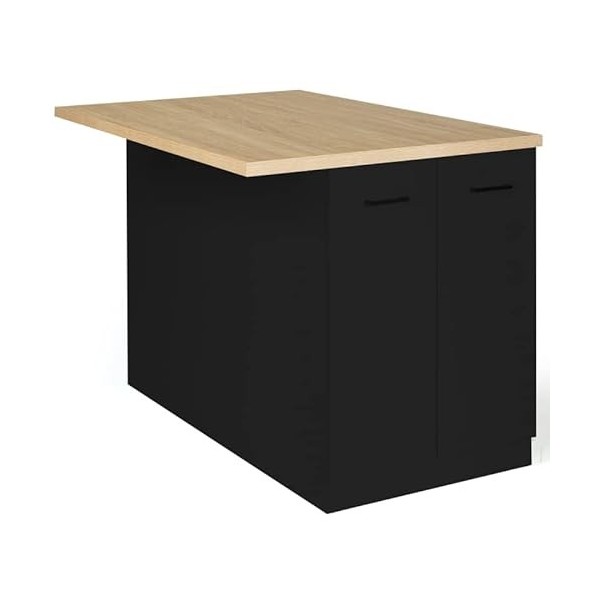 IDMarket - Ilot Central IVO 120 cm Bois Noir avec Plan de Travail façon hêtre