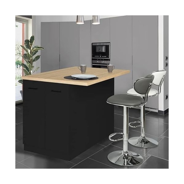 IDMarket - Ilot Central IVO 120 cm Bois Noir avec Plan de Travail façon hêtre