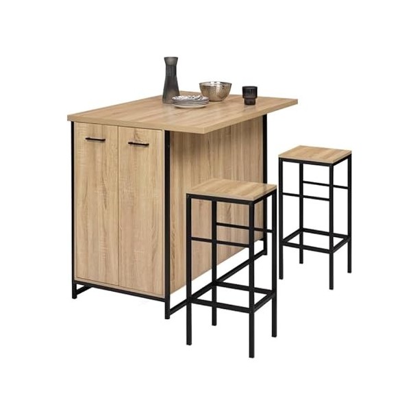 IDMarket - Ensemble îlot Central 120 cm et 2 tabourets Detroit Design Industriel