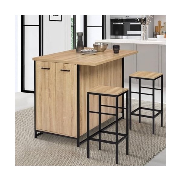 IDMarket - Ensemble îlot Central 120 cm et 2 tabourets Detroit Design Industriel