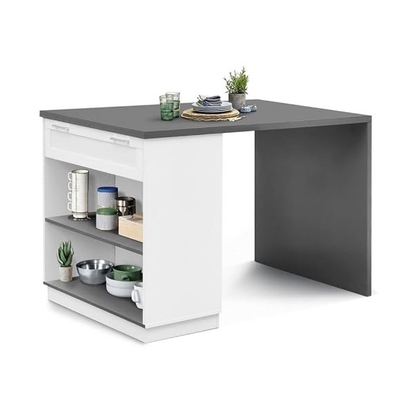 IDMarket - Ilot Central Mange-Debout 4 Personnes VITO 130 cm Blanc et Plateau Gris