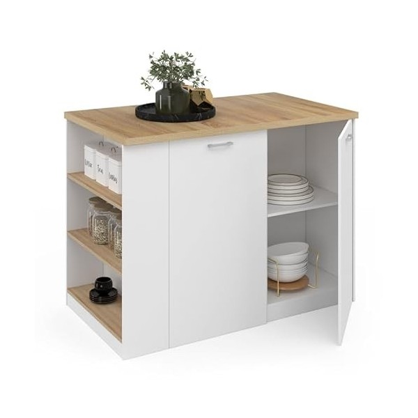 IDMarket - Ilot Central TIBO 120 cm Bois Blanc avec Plan de Travail façon hêtre