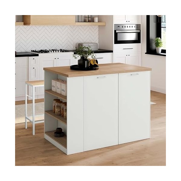 IDMarket - Ilot Central TIBO 120 cm Bois Blanc avec Plan de Travail façon hêtre