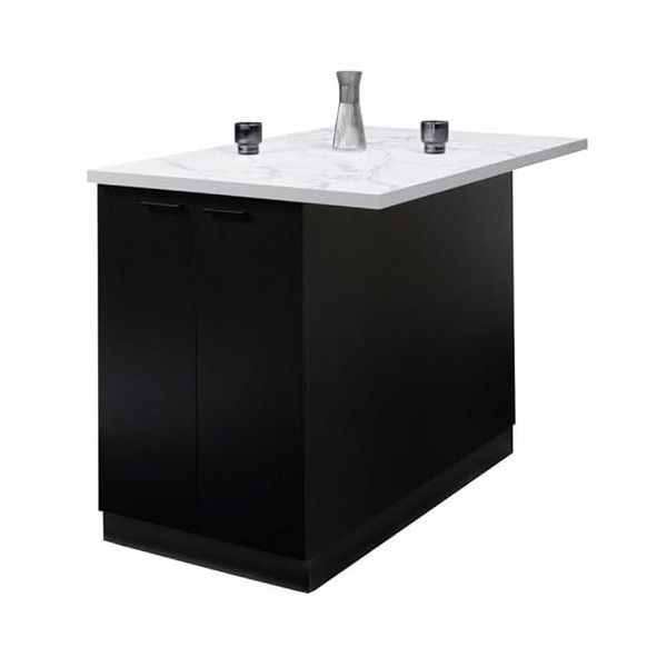 IDMarket - Ilot Central IVO 120 cm Bois Noir avec Plan de Travail Effet marbre Alaska