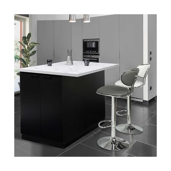 IDMarket - Ilot Central IVO 120 cm Bois Noir avec Plan de Travail Effet marbre Alaska