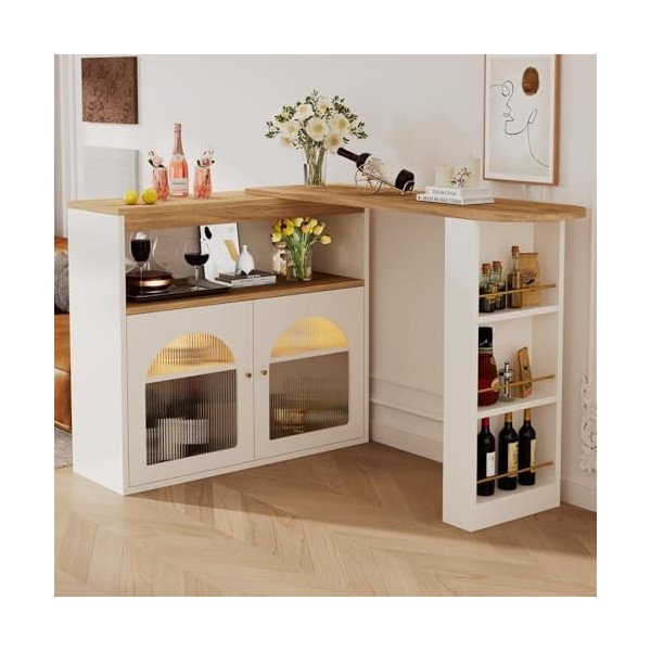 PUGSDRLY Table de bar, buffet, moderne, extensible, avec espace de rangement, table de bistrot avec bande lumineuse LED de 1 