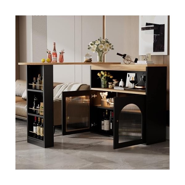PUGSDRLY Table de bar, buffet, moderne, extensible, avec espace de rangement, table de bistrot avec bande lumineuse LED de 1 