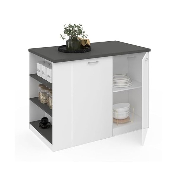 IDMarket - Ilot Central TIBO 120 cm Bois Blanc avec Plan de Travail Gris Anthracite
