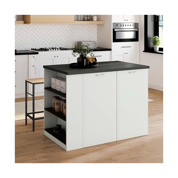 IDMarket - Ilot Central TIBO 120 cm Bois Blanc avec Plan de Travail Gris Anthracite