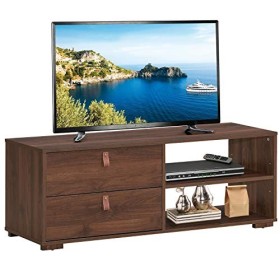 GOPLUS Meuble TV avec 2 Tiroirs et 2 Étagères Ouvertes, Meuble TV à 2 Niveaux pour Télé Jusqu’à 140 CM avec Pieds Surélevés, 