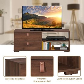 GOPLUS Meuble TV avec 2 Tiroirs et 2 Étagères Ouvertes, Meuble TV à 2 Niveaux pour Télé Jusqu’à 140 CM avec Pieds Surélevés, 