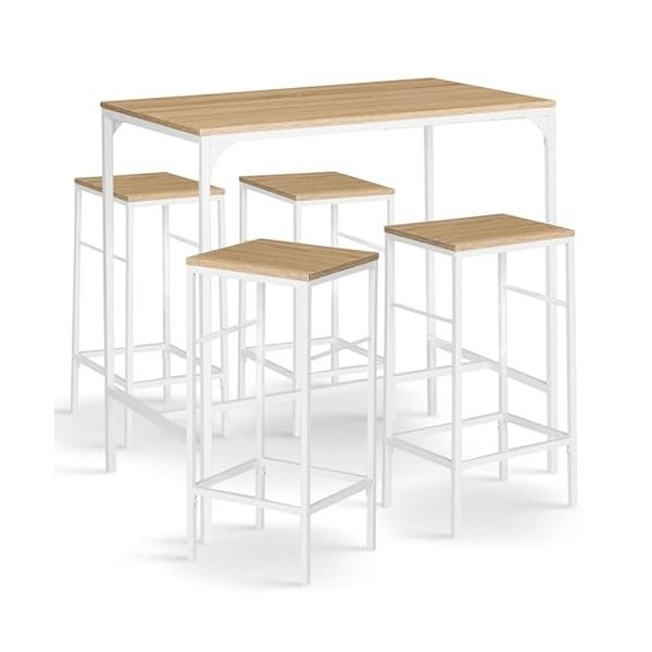 IDMarket - Ensemble Table Haute de Bar Detroit 100 cm et 4 tabourets Bois et métal Blanc Design Industriel