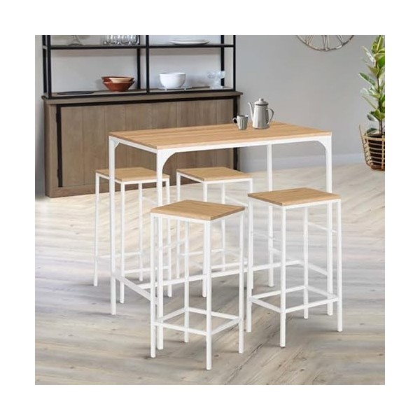 IDMarket - Ensemble Table Haute de Bar Detroit 100 cm et 4 tabourets Bois et métal Blanc Design Industriel