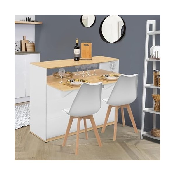 IDMarket - Meuble de Bar Extensible en Table à Manger 2 Personnes VITO Blanc et Plateau Bois
