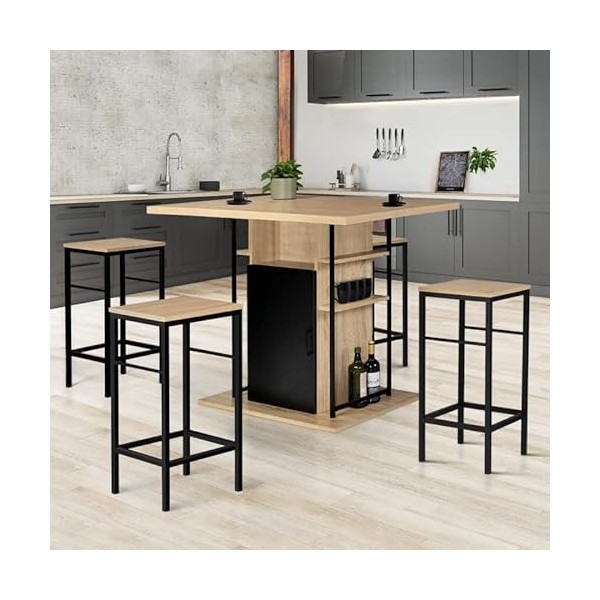 IDMarket - Ensemble ilot Central 110 cm Bois Noir et Imitation hêtre et 4 tabourets Design Industriel