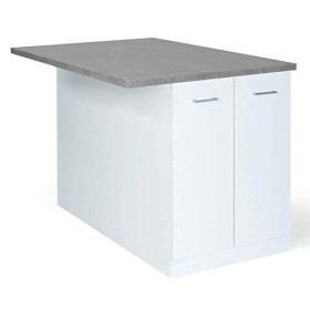 IDMarket - Ilot Central IVO 120 cm Blanc avec Plan de Travail Effet béton