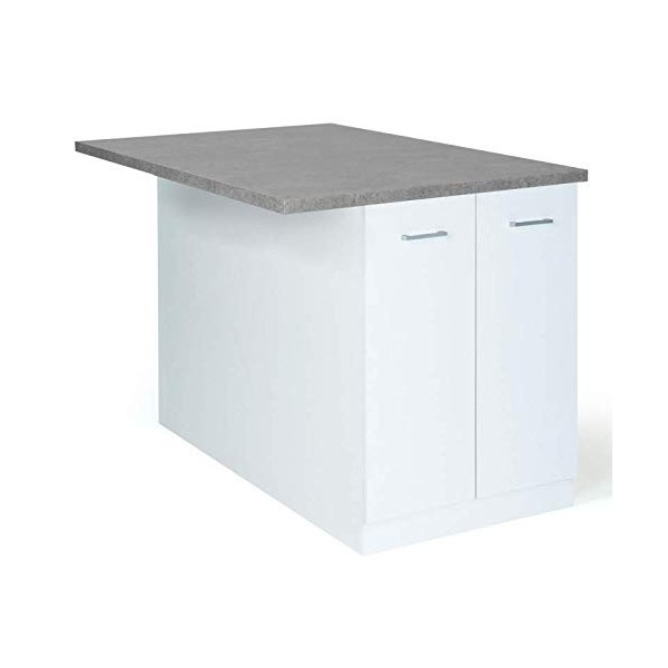 IDMarket - Ilot Central IVO 120 cm Blanc avec Plan de Travail Effet béton
