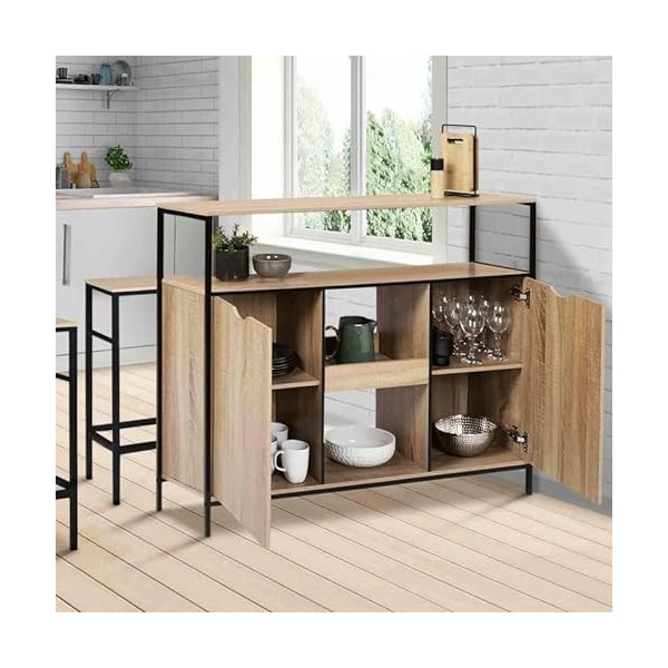 IDMarket - Meuble de Bar avec Portes et étagères Detroit Design Industriel, Cuisine, 113 cm x largeur 40 cm x Hauteur 94 cm