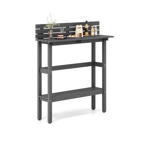 GIANTEX Table de bar dextérieur avec étagère de rangement inférieure et pieds réglables, table étroite avec déflecteur anti-