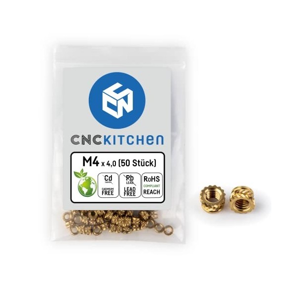 CNC KITCHEN Lot de 100 inserts filetés dorigine M2,5 x 4, sans plomb et sans cadmium