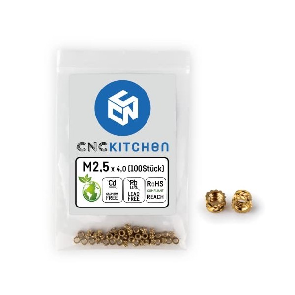 CNC KITCHEN Lot de 100 inserts filetés dorigine M2,5 x 4, sans plomb et sans cadmium