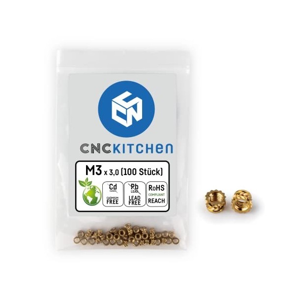 CNC KITCHEN Lot de 100 inserts filetés dorigine M2,5 x 4, sans plomb et sans cadmium