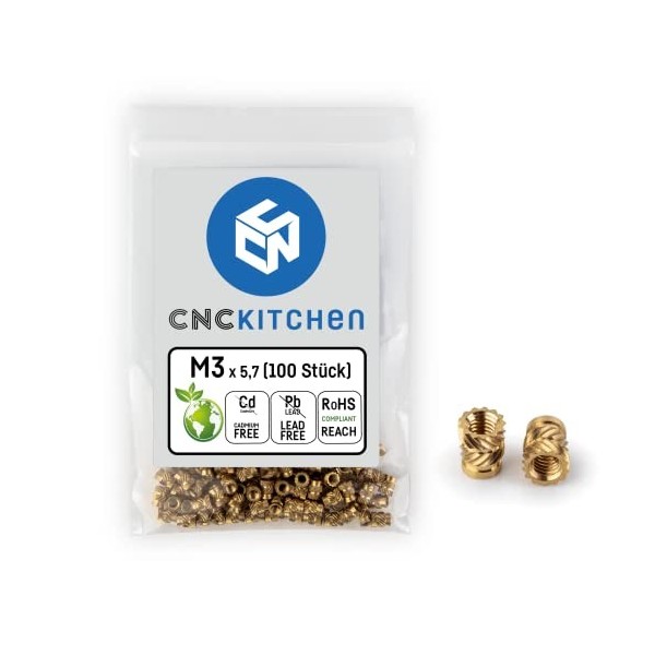 CNC KITCHEN Lot de 100 inserts filetés dorigine M2,5 x 4, sans plomb et sans cadmium