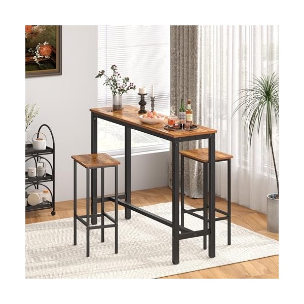 Table de Bar avec 1 Tabouret de Bar de 47" Rustique Bar Table Yellow Cheery