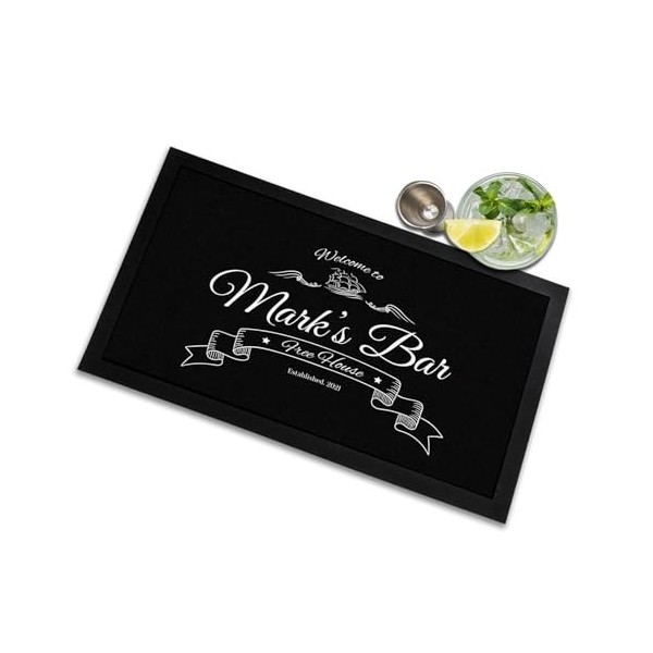 Tapis de comptoir avec inscription « Welcome to ...s bar » personnalisable, noir