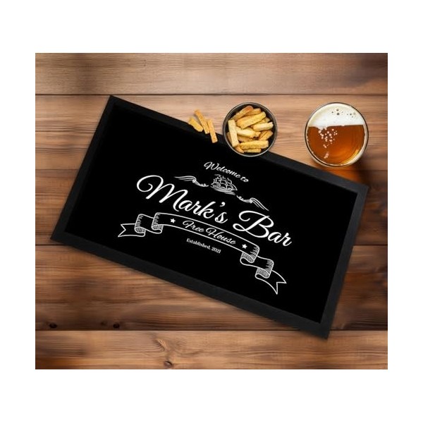 Tapis de comptoir avec inscription « Welcome to ...s bar » personnalisable, noir