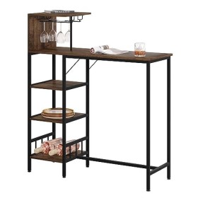 WOLTU Table de Bar, Console Industrielle avec Rangement à 4 Niveaux et 2 Porte-Verres, Plateau et Étagères en Effet Bois Vint