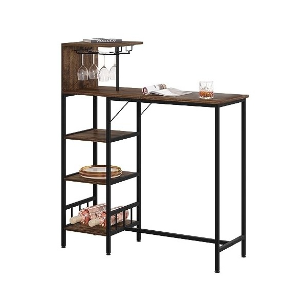 WOLTU Table de Bar, Console Industrielle avec Rangement à 4 Niveaux et 2 Porte-Verres, Plateau et Étagères en Effet Bois Vint