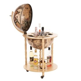 45001Grand chariot de bar, en forme de globe terrestre, avec piliers en bois deucalyptus massif, blanc ivoire, ouvert, 112 c